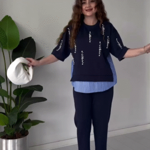 Chic Navy Blue Pearl-Embellished Layered Top – Trendy & Elegant