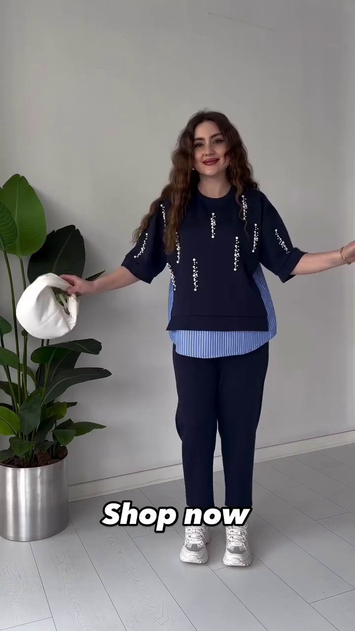 Chic Navy Blue Pearl-Embellished Layered Top – Trendy & Elegant