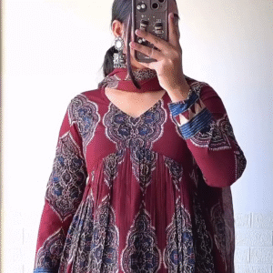 Elegant Maroon Printed Anarkali Set with Dupatta – Timeless Ethnic Grace
