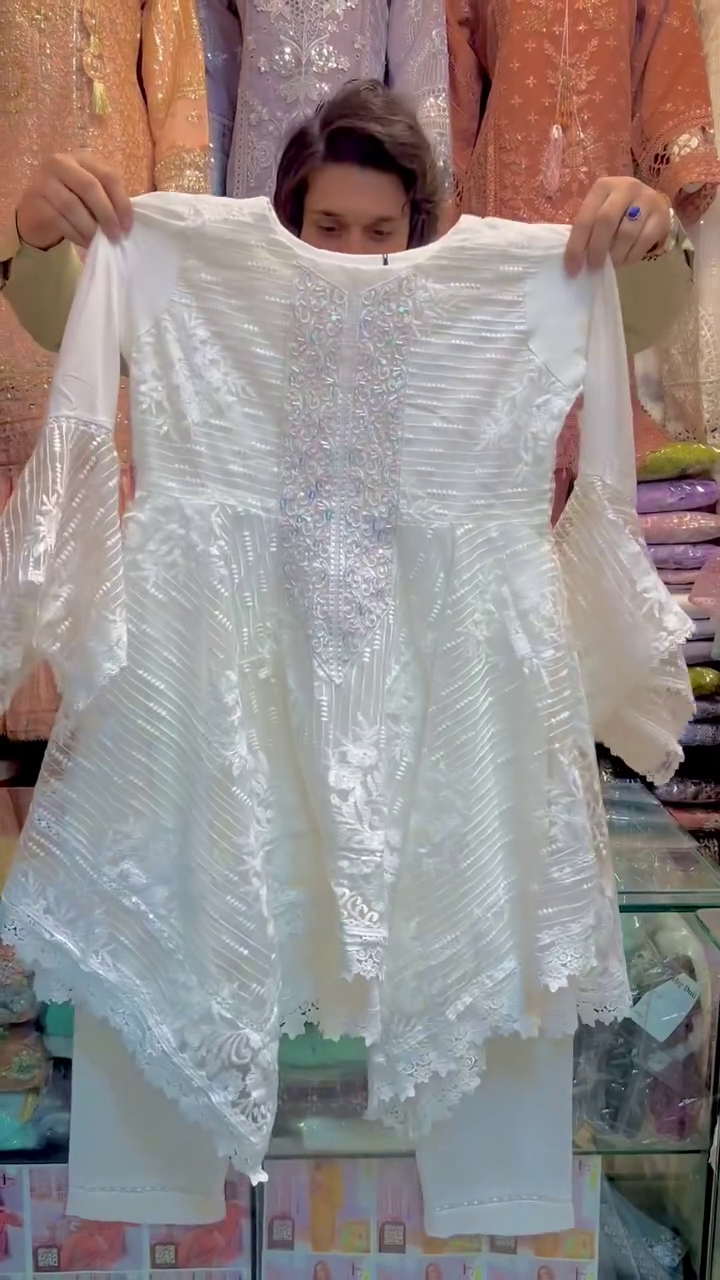 Elegant White Embroidered Organza Peplum Suit – A Blend of Grace & Glamour