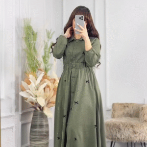 Modest Olive Green Buttoned Flared Dress – Effortless Elegance & Comfort