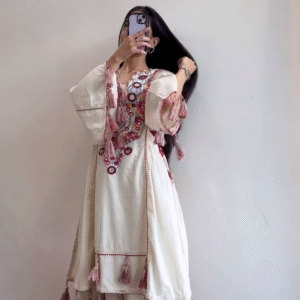 Trendy Cream Kurti Set with Statement Tassels