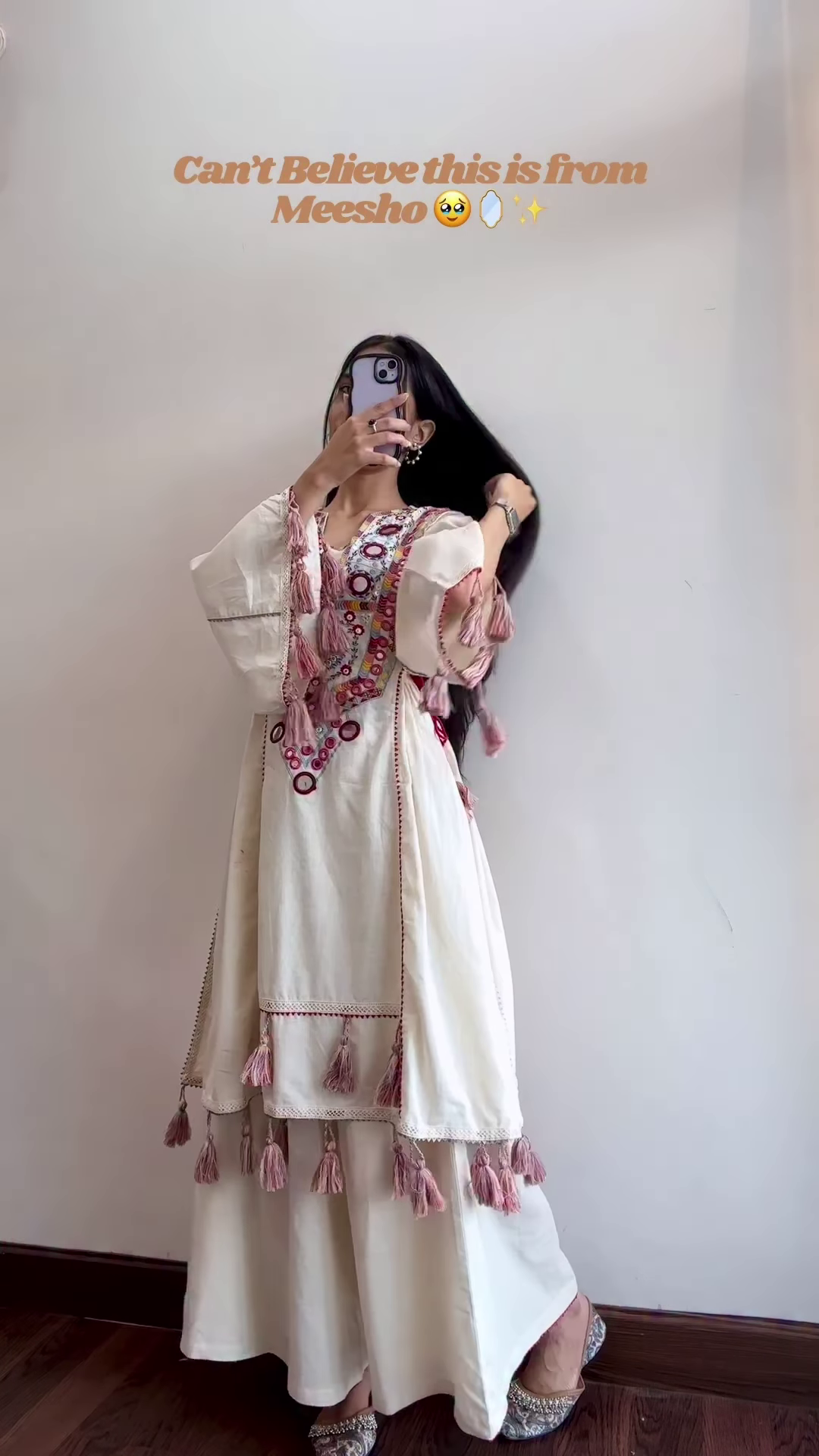 Trendy Cream Kurti Set with Statement Tassels