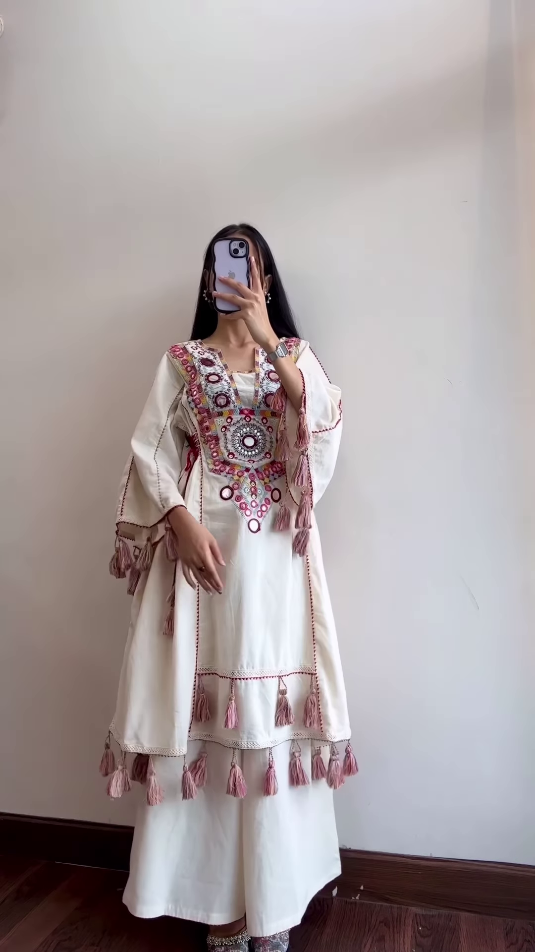 Trendy Cream Kurti Set with Statement Tassels - Image 2