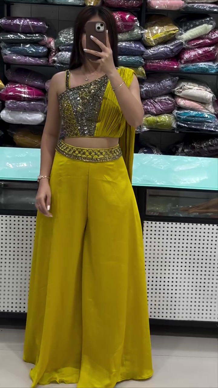 Stunning Mustard Yellow One-Shoulder Party Set – Glam Festive Look