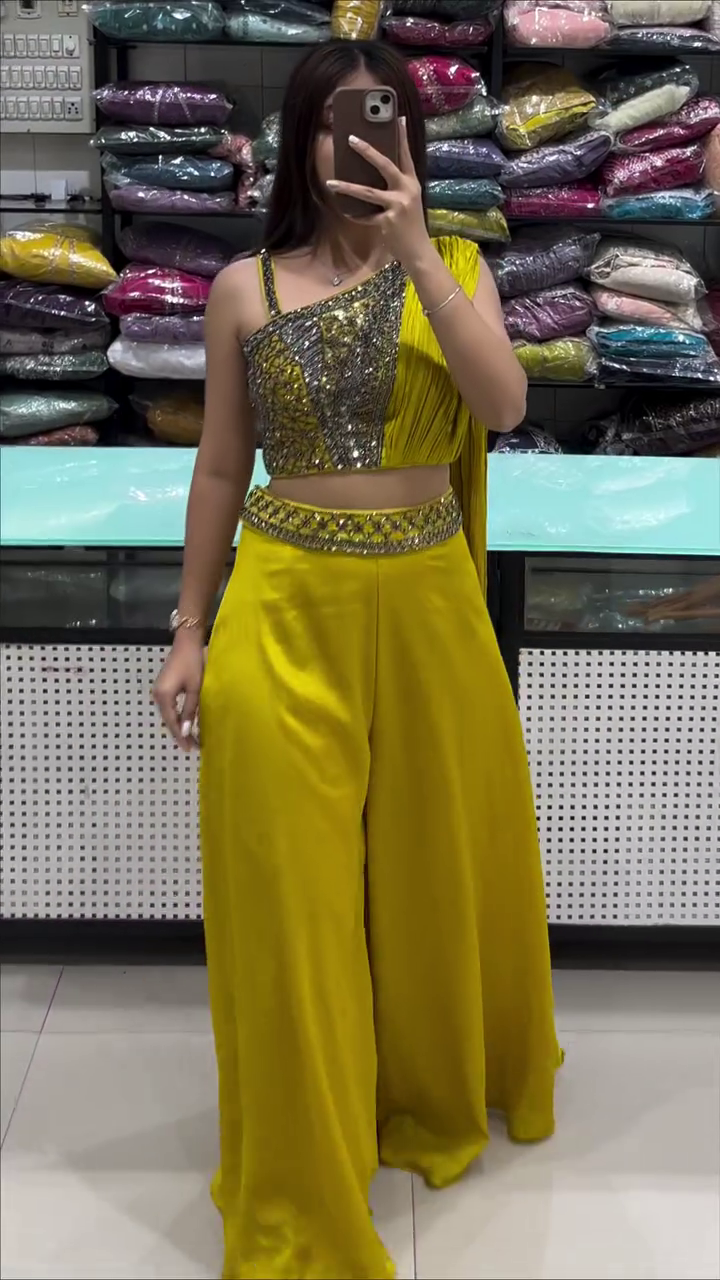 Stunning Mustard Yellow One-Shoulder Party Set – Glam Festive Look - Image 6