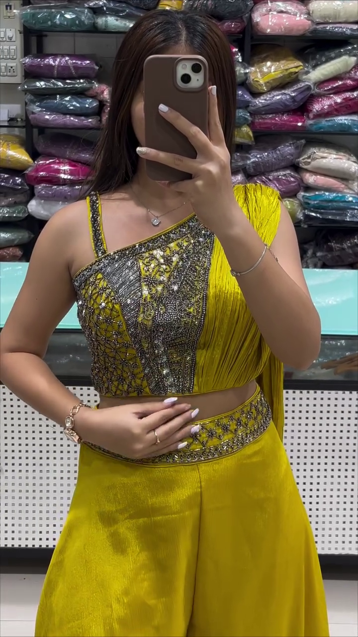 Stunning Mustard Yellow One-Shoulder Party Set – Glam Festive Look - Image 3