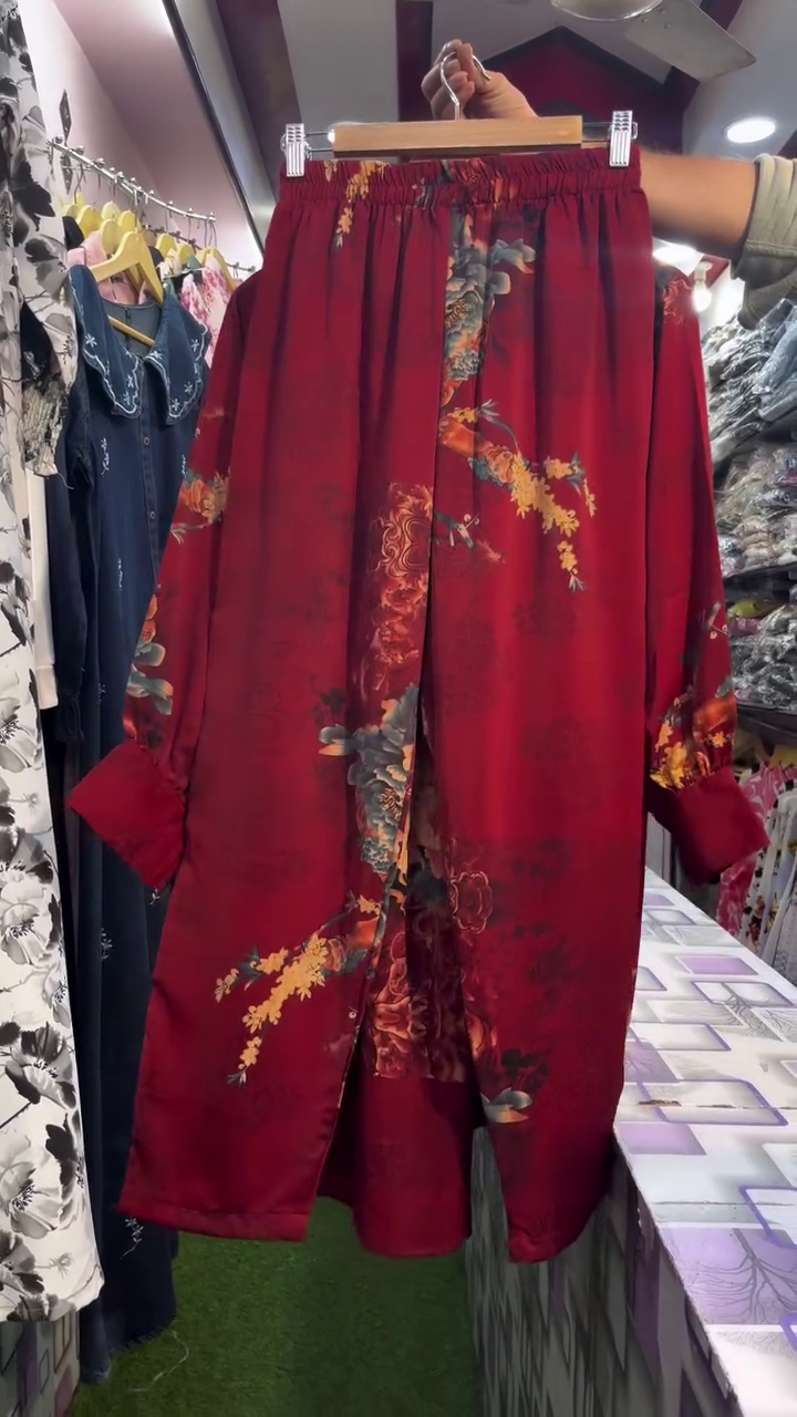 Cream Long Shirt with Bold Red Floral Print – Statement Casual Wear - Image 4