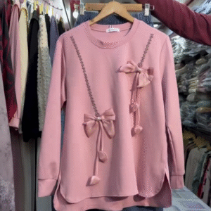 Cute Pink Bow Detail Sweatshirt Set – Stylish Casual Comfort