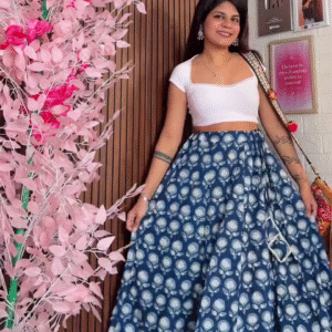 Chic White Top with Pink Printed Flared Skirt