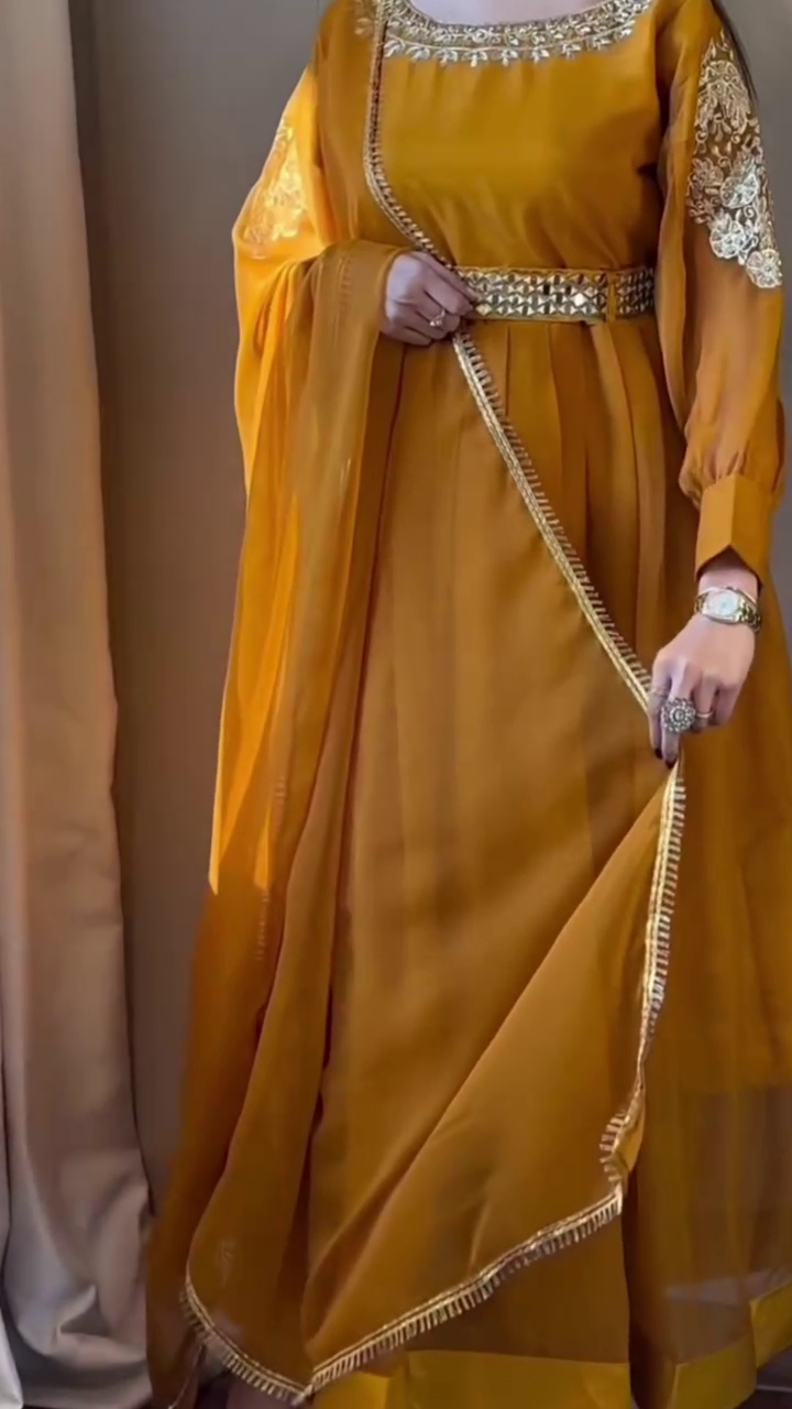 Royal Mustard Embroidered Anarkali with Statement Belt