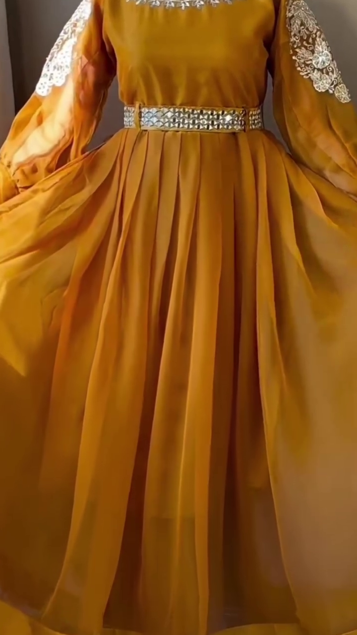 Royal Mustard Embroidered Anarkali with Statement Belt - Image 4