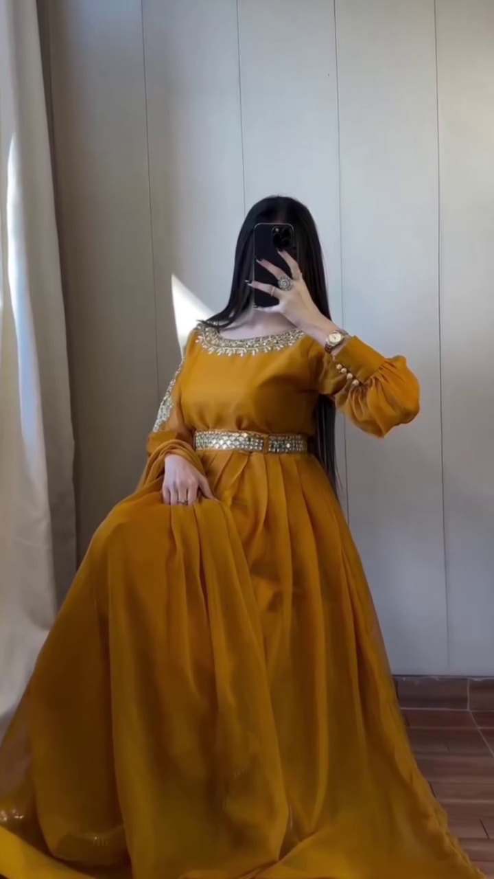 Royal Mustard Embroidered Anarkali with Statement Belt - Image 2