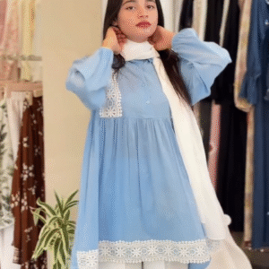 Soft Sky Blue Tunic Set with Delicate White Lace Elegance