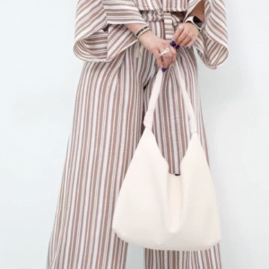 Beige Striped Co-Ord Set with Statement Bell Sleeves