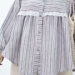 Grey Striped Button-Down Top with Lace Accent