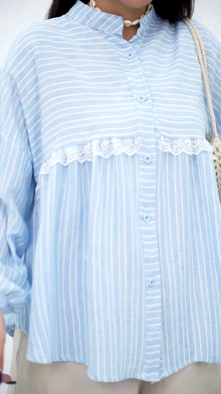 Grey Striped Button-Down Top with Lace Accent - Image 3