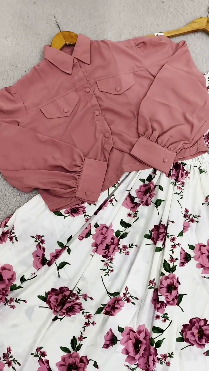Elegant Dusty Pink Shirt with Floral Flare Skirt