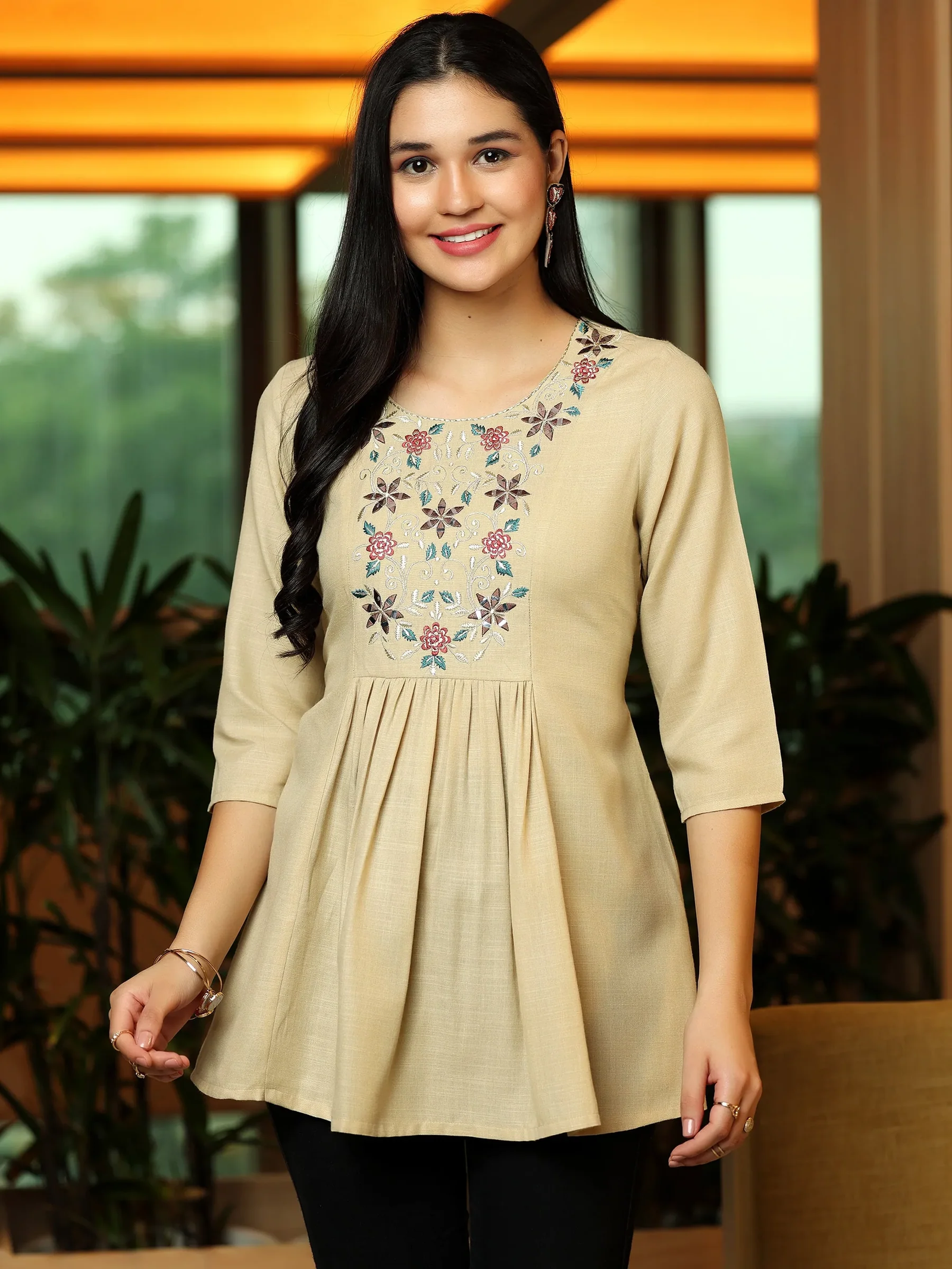 Beige Yoke Design Cotton Blend A-Line Kurti – Classic Comfort Meets Modern Elegance