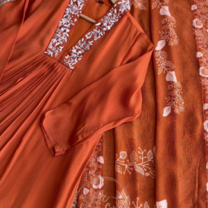 Stunning Chinnon Handwork A-Line Suit (Orange) – A Regal Blend of Grace & Elegance