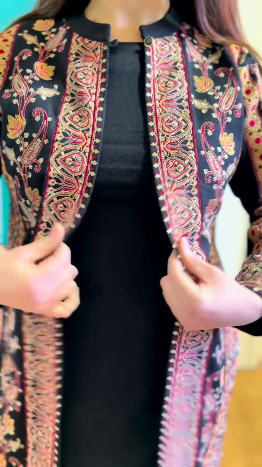 Most Trending Black Kashmiri Detachable Jacket 3-Piece Set with Inner & Pant – Elegant Fusion of Tradition & Style - Image 2