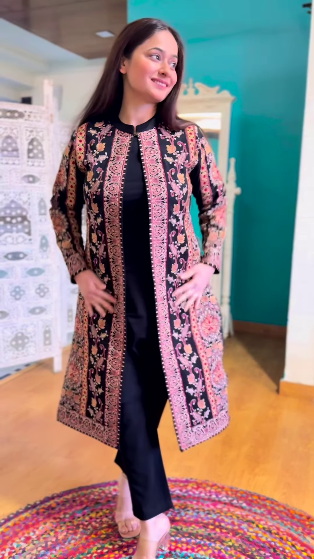 Most Trending Black Kashmiri Detachable Jacket 3-Piece Set with Inner & Pant – Elegant Fusion of Tradition & Style - Image 4