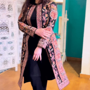 Most Trending Black Kashmiri Detachable Jacket 3-Piece Set with Inner & Pant – Elegant Fusion of Tradition & Style